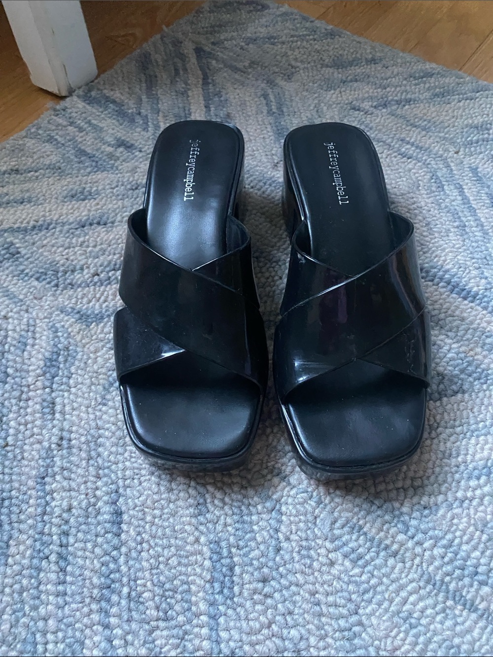 Jeffrey Campbell Black Patent Crisscross Slide Mules with Jelly Straps